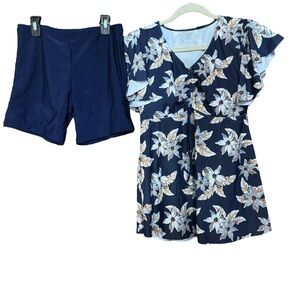 Flutter Sleeve Floral Swim Top With Matching Swim Shorts Sz L New